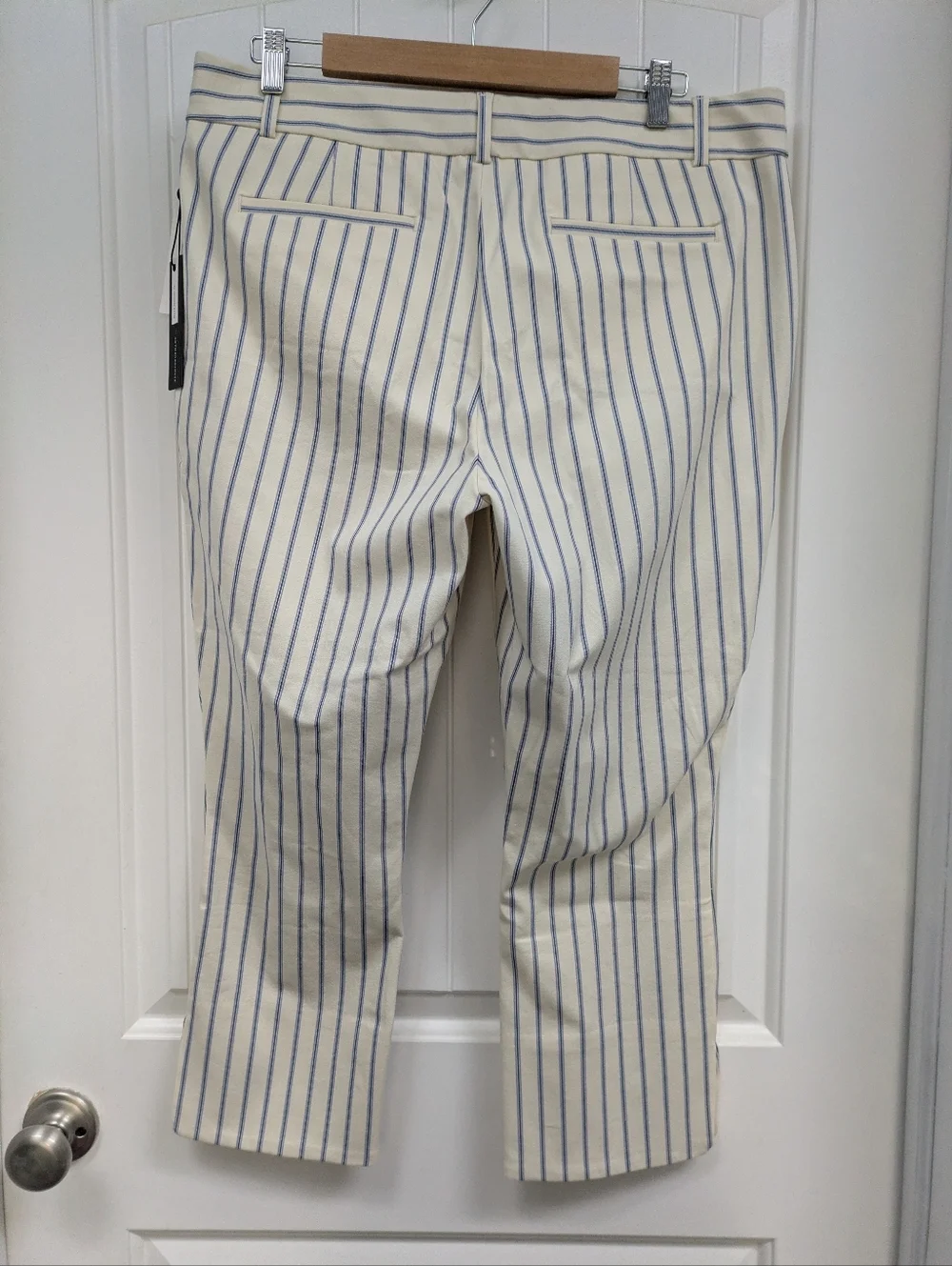 Anthropologie Essential Slim Cream Trousers with Blue & Lavender Pinstripes - Picture 7 of 10